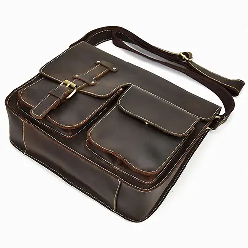 Premium Leather Messenger Bag with Multiple Front Pockets and Buckle Detail